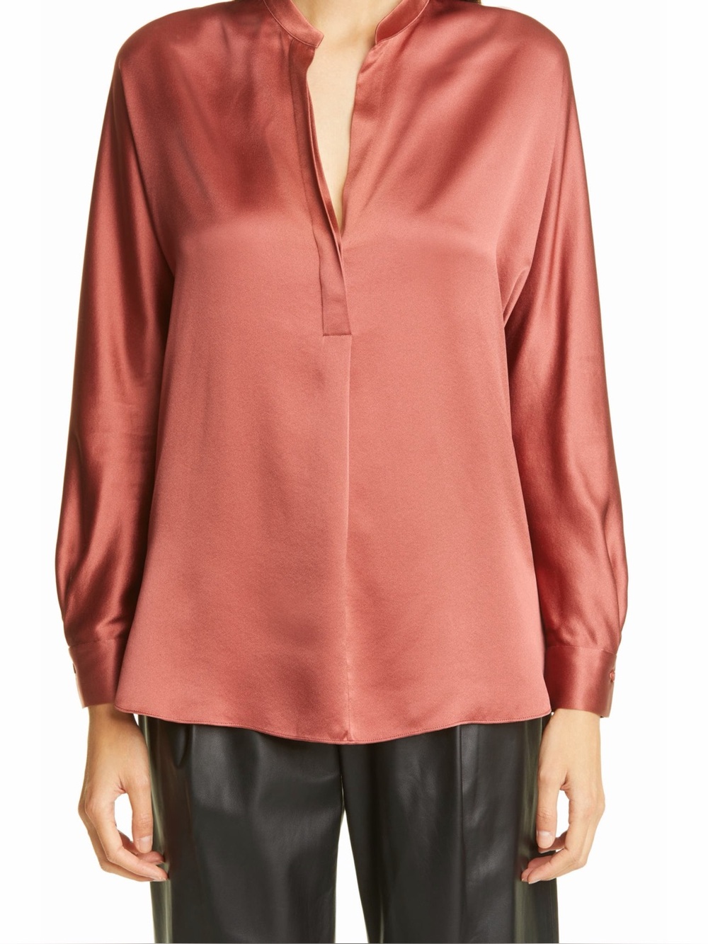 Vince Band Collar 100% Silk Blouse XXL Rosewood Satin Dolman Top